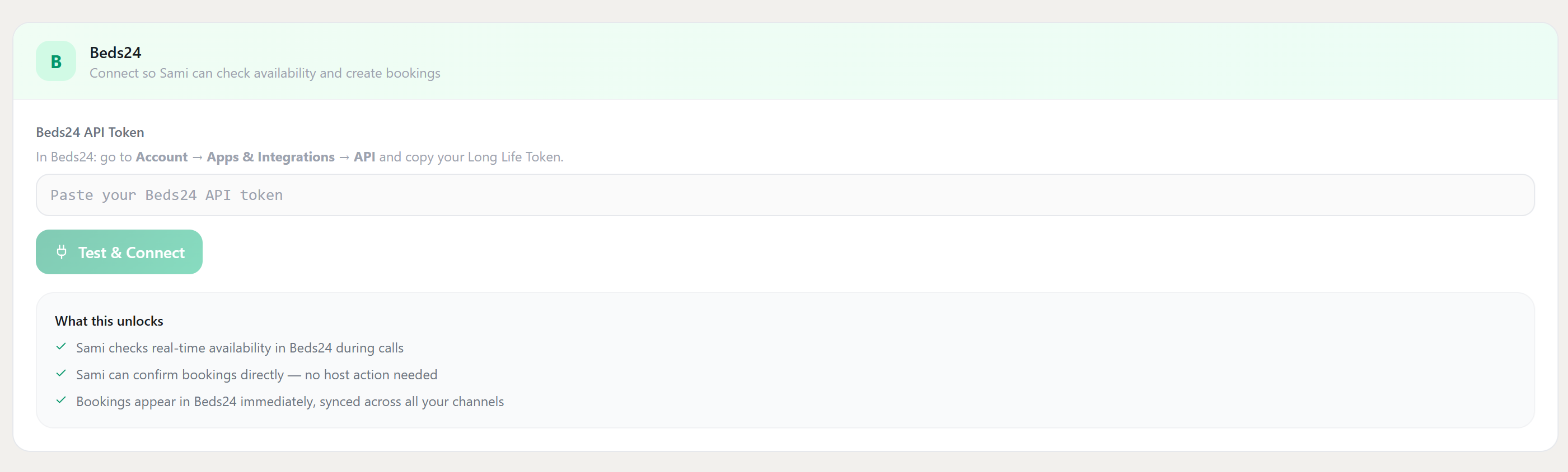Beds24 integration setup screen in TheReach.ai settings