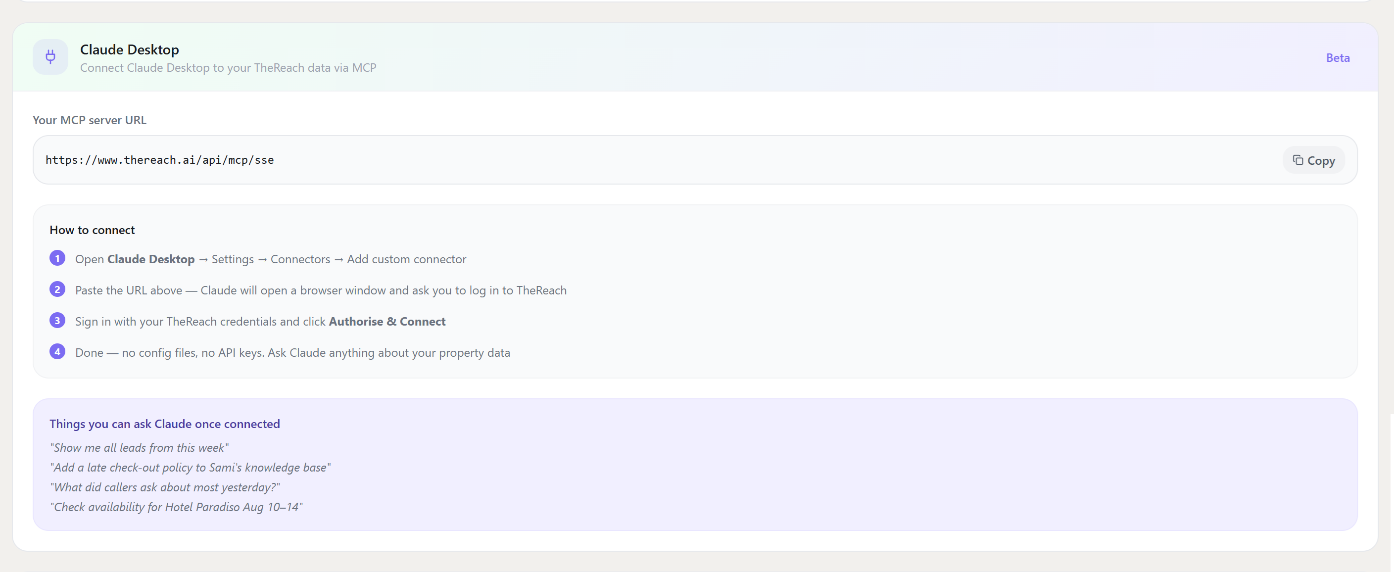 Claude MCP integration setup screen in TheReach.ai settings