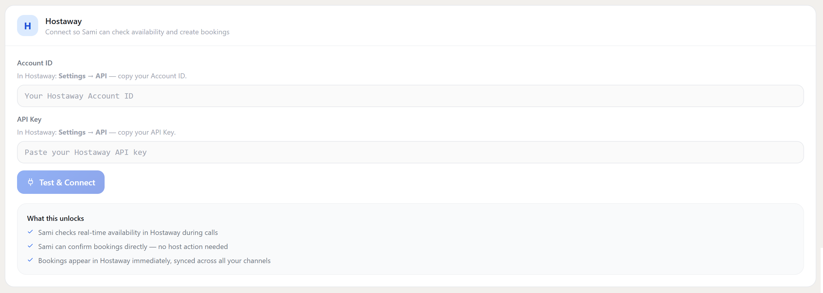 Hostaway integration setup screen in TheReach.ai settings