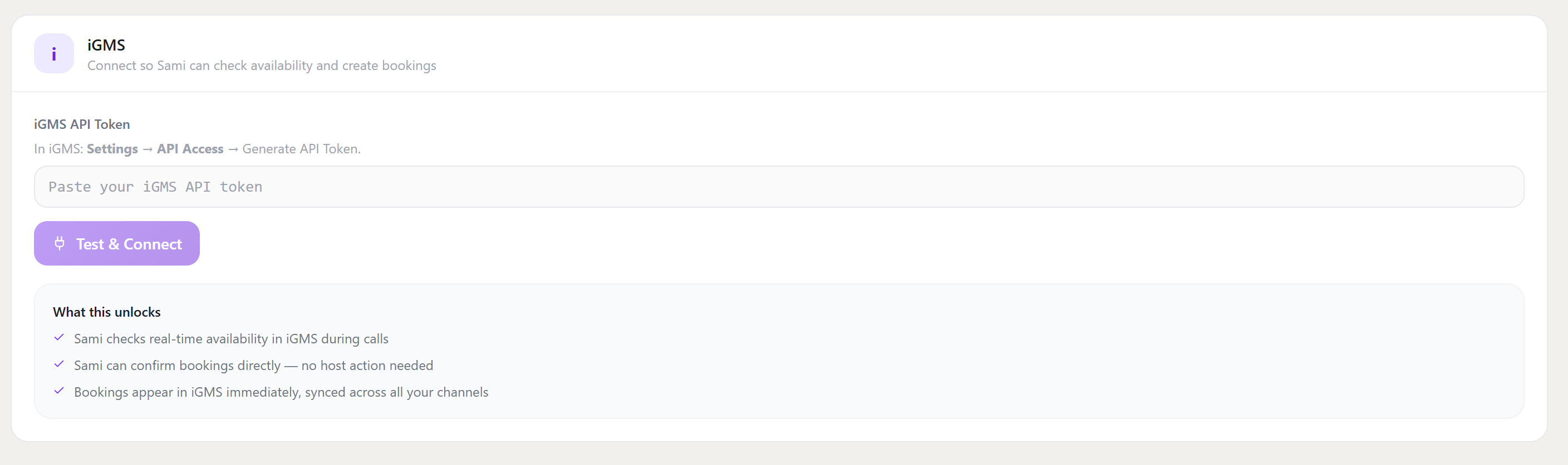 iGMS integration setup screen in TheReach.ai settings